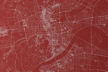 Map of the streets of Hangzhou (China) made with white lines on red background. Top view. 3d render, illustration - obrazy, fototapety, plakaty
