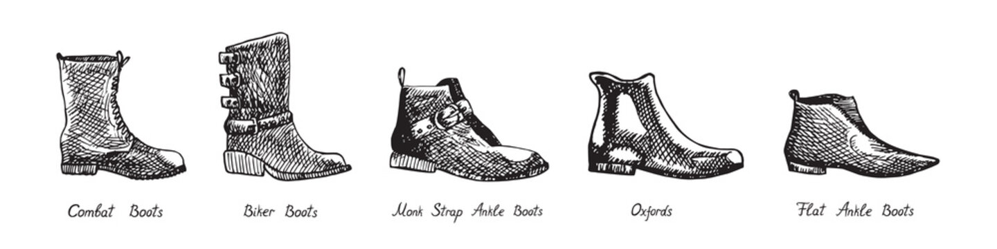 Combat Boots, Biker Boots, Monk Strap Ankle Boot, Oxfords, Flat Ankle Boots, isolated hand drawn outline doodle, sketch, black and white illustration with inscription, boots set collection