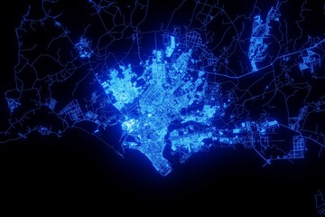 Street map of Karachi (Pakistan) made with blue illumination and glow effect. Top view on roads network