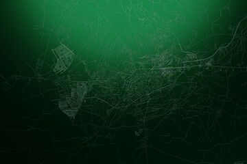 Street map of Peshawar (Pakistan) engraved on green metal background. Light is coming from top. 3d render, illustration
