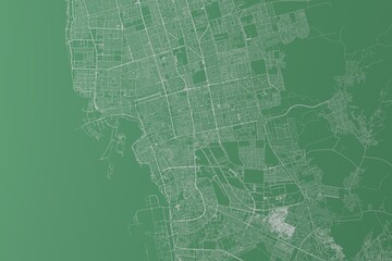 Stylized map of the streets of Jeddah (Saudi Arabia) made with white lines on green background. Top view. 3d render, illustration