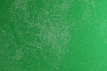 Map of the streets of Taichung (Taiwan) made with white lines on green paper. Rough background. 3d render, illustration