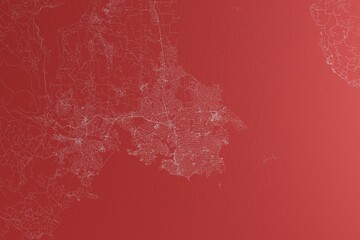Map of the streets of Victoria (Canada) made with white lines on red paper. Top view, rough background. 3d render, illustration