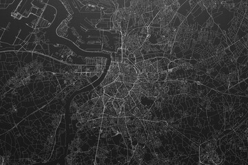 Street map of Antwerp (Belgium) on black paper with light coming from top