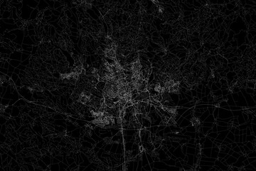 Fototapeta na wymiar Stylized map of the streets of Brno (Czechia) made with white lines on black background. Top view. 3d render, illustration