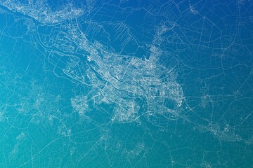 Map of the streets of Bremen (Germany) made with white lines on greenish blue gradient background. 3d render, illustration