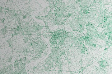 Map of the streets of Duisburg (Germany) made with green lines on white paper. 3d render, illustration