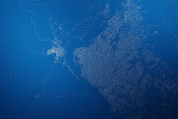 Stylized map of the streets of Asuncion (Paraguay) made with white lines on abstract blue background lit by two lights. Top view. 3d render, illustration
