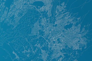 Map of the streets of Arequipa (Peru) made with white lines on blue background. 3d render, illustration