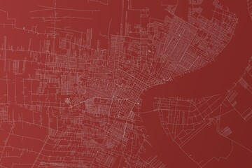 Map of the streets of Paramaribo (Suriname) made with white lines on red background. Top view. 3d render, illustration
