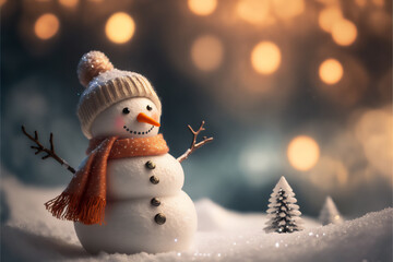 Snowman on the snowy ground wearing a hat and a knitted scarf with a gorgeous and classy bokeh background. - obrazy, fototapety, plakaty