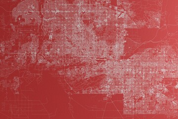Map of the streets of Phoenix (Arizona, USA) made with white lines on red paper. Top view, rough background. 3d render, illustration