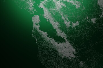 Street map of Bay Area (California, USA) engraved on green metal background. Light is coming from top. 3d render, illustration