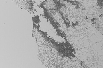 Map of the streets of Bay Area (California, USA) made with black lines on grey paper. Top view. 3d render, illustration