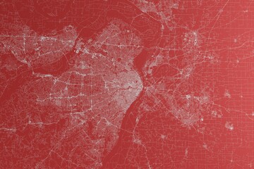 Map of the streets of St Louis (Missouri, USA) made with white lines on red paper. Top view, rough background. 3d render, illustration - obrazy, fototapety, plakaty