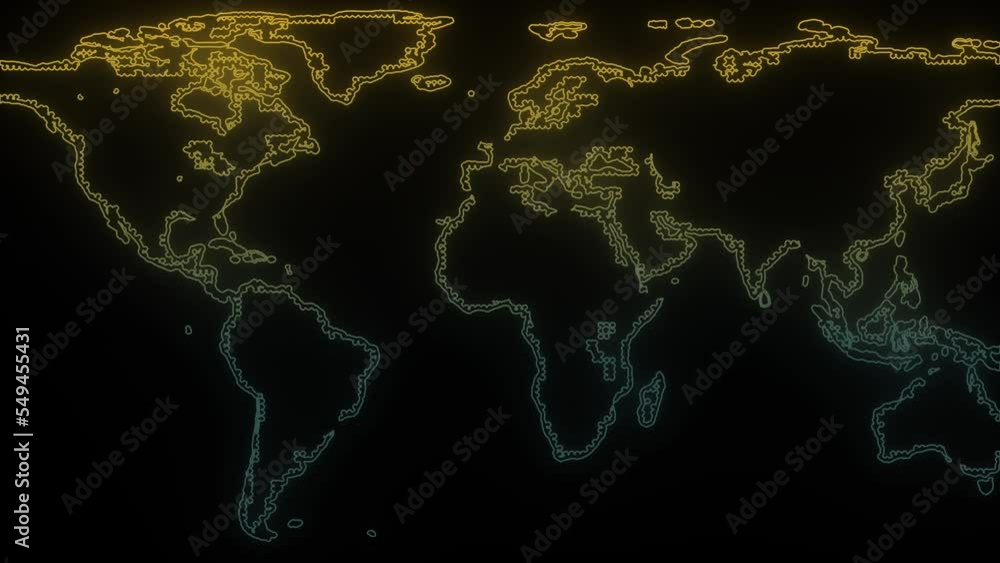 Poster glowing neon map icon on black background. world map. 4k video animation for motion graphics and com