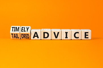 Timely or tailored advice symbol. Concept words Timely advice and Tailored advice on wooden cubes. Beautiful orange table orange background. Business timely or tailored advice concept. Copy space.