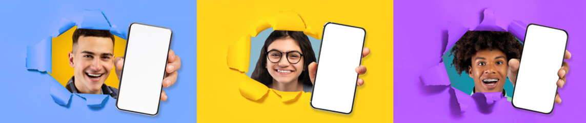Diverse youngsters holding smartphones with empty screens, posing in torns