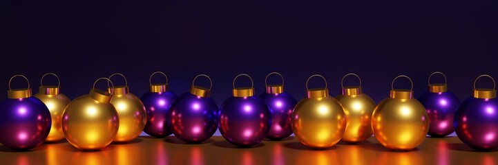 3d render of beautiful metallic purple and gold xmas baubles banner on a purple background