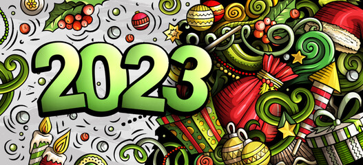 2023 doodles horizontal illustration. New Year objects and elements banner