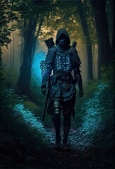 Fototapeta premium fantasy character traveler in forest with fog 
