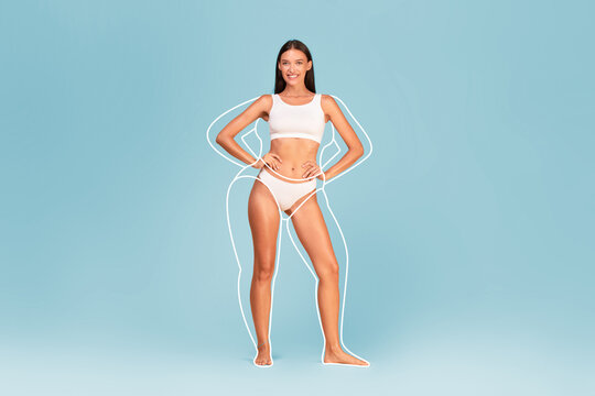 Body Shaping. Attractive Lady In Underwear With Drawn Silhouette Around Her Figure