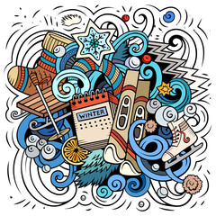 Fototapeta premium Cartoon vector doodles Winter illustration