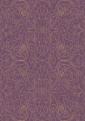 Hand-drawn unique abstract symmetrical seamless gold ornament on a purple background. Paper texture. Digital artwork, A4. (pattern: p07-1d)