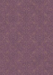 Hand-drawn unique abstract symmetrical seamless gold ornament on a purple background. Paper texture. Digital artwork, A4. (pattern: p07-1e)