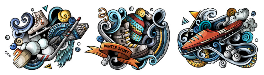 Winter sports cartoon vector doodle designs set.