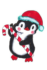 Cheerful baby penguin with candy cane. Cute character in Santa hat celebrating Christmas. Christmas concept. Hand drawn llustration isolated on white background