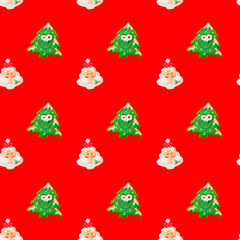 Christmas seamless pattern with Santa Claus and Christmas tree on red background. 