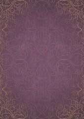 Hand-drawn abstract ornament. Light semi transparent pink on a purple back, with vignette of same pattern and sparks in golden glitter on a darker color. Paper texture. A4. (pattern: p07-1d)