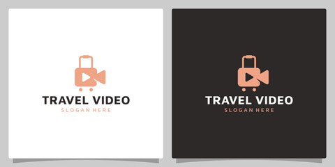 Suitcase logo design template with video button design. Travel vector illustration. Plane icon, symbol, creative.
