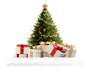 Christmas gifts on snow and decorated green Christmas fir tree 3d-illustration