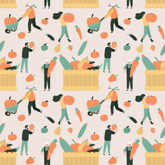 Team of people putting organic food in big wooden box. Group of farmers harvested good crop. Eco nutrition. Farm food seamless pattern, farmland texture.