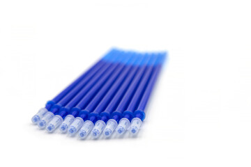 Blue refills for gel pens isolated on white background. Gel pen ink. Stationery.