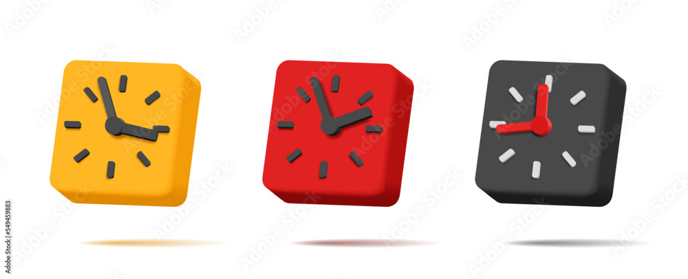 Poster 3d alarm clock, square shape with 12 hours and pointer arrows, volume shapes
