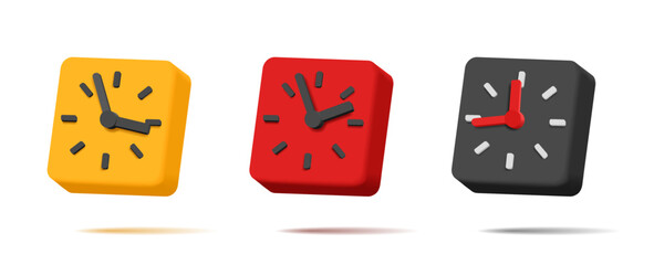 3d alarm clock, square shape with 12 hours and pointer arrows, volume shapes