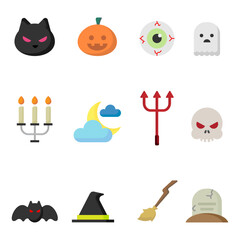 Halloween icons. holiday symbols, moon and spider, pumpkin, ghost and bat. candy, skull and gravestone