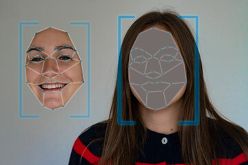 Deepfake concept matching facial movements with a different face of another woman in a photo. Face...