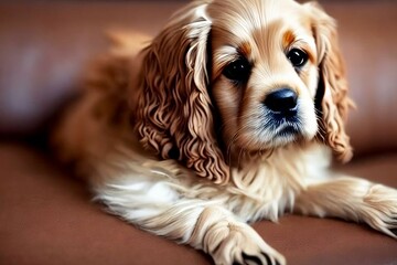 English cocker spaniel young cute dog is posing. Cute playful brown doggy or pet posing on a sofa. Brown, black, golden canine dog. Concept of motion, action, movement