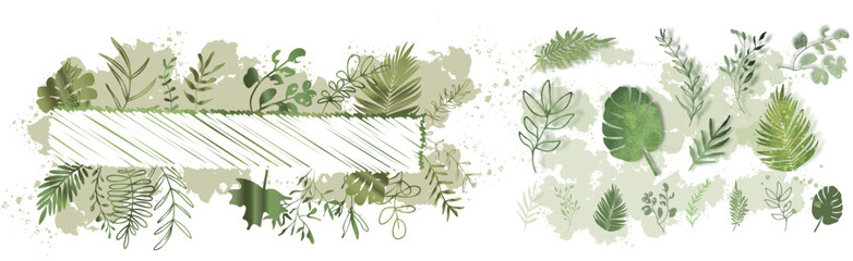 Hand drawn colorful plant set - universally usable. Botanical, chic and trendy plants. Hand drawn lines, elegant leaves for your own design. Flower branch and minimalistic modern plants. 