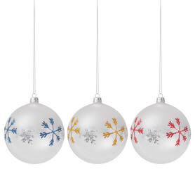 Merry Christmas hanging balls decorated with glitter snowflake pattern, isolated on white background, objects template for greeting gift card or promo advertising banner