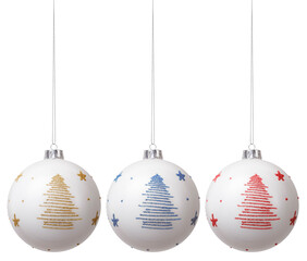 Merry Christmas hanging silver balls decorated with glitter tree shape pattern, isolated on white...