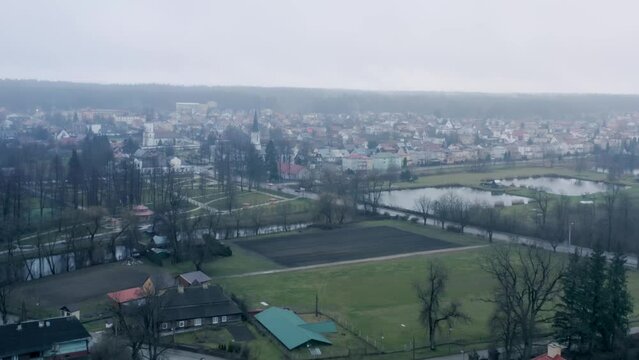 Beautiful cityscape view of Suprasl, Poland, aerial, drone