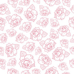 hand drawn rose. pink linear art. seamless pattern on a white background