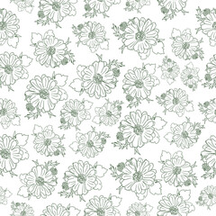 hand drawn flower with big petals. green linear art. seamless pattern on a white background