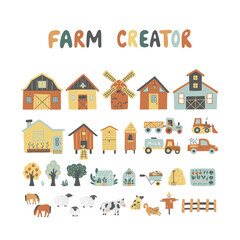 Farm creator with farmhouses, tractors, greenhouses, pets, trees and etc.