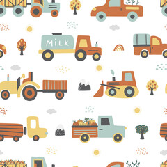 Nursery background with tractors, trees, sun, rainbow, and clouds.
